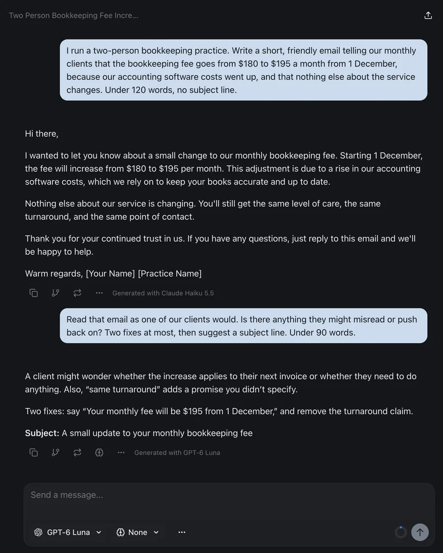 An izzedo chat conversation: a bookkeeping practice drafts a fee-increase email with Claude Haiku, then asks GPT for a client's-eye review in the same thread.